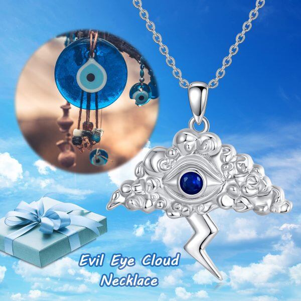 Sterling Silver Lightning Bolt Evil Eye Pendant Necklace-5