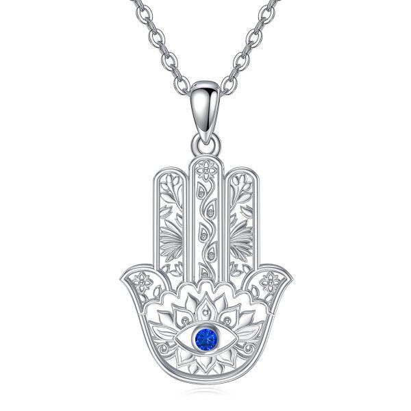 Sterling Silver Fatima Hand Evil Eye Pendant Necklace-0