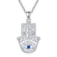wholesale 925 Sterling Silver Blue Evil Eye Hamsa Hand Pendant Necklace for Women and Men- Rhodium Plated