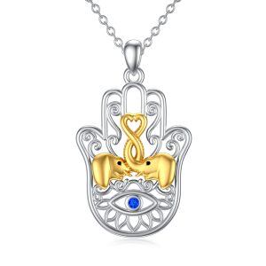 Sterling Silver Hand of Fatima Evil Eye Elephant Pendant Necklace-0