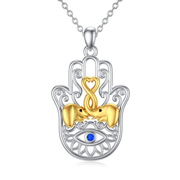 Sterling Silver Hand of Fatima Evil Eye Elephant Pendant Necklace-0