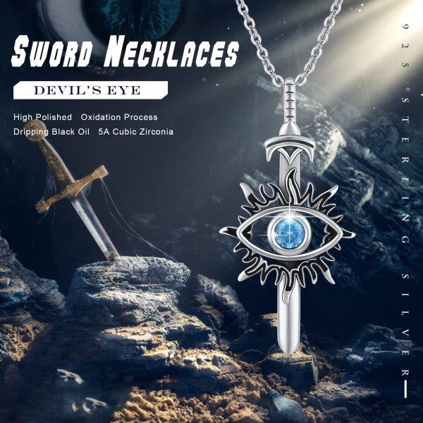 Sterling Silver Sword Evil Eye Pendant Necklace-5