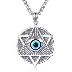 Sterling Silver Evil Eye Triangle Pendant Necklace with Stainless Steel Chain-0