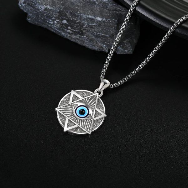 Sterling Silver Evil Eye Triangle Pendant Necklace with Stainless Steel Chain-2