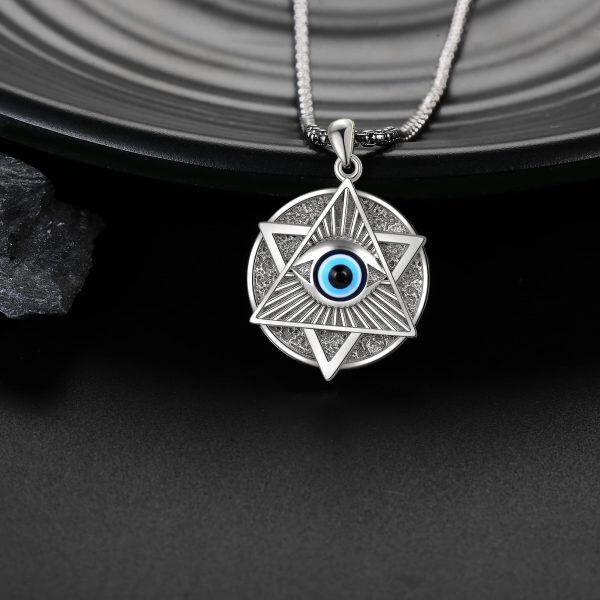 Sterling Silver Evil Eye Triangle Pendant Necklace with Stainless Steel Chain-3