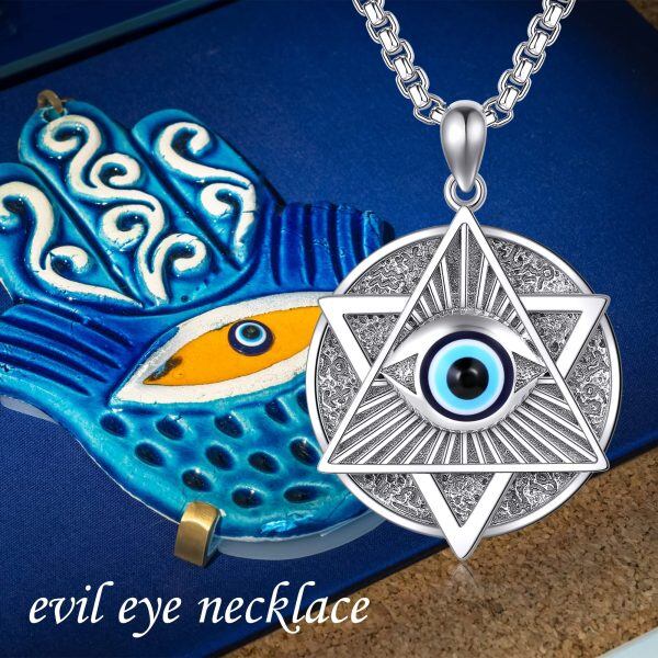 Sterling Silver Evil Eye Triangle Pendant Necklace with Stainless Steel Chain-5