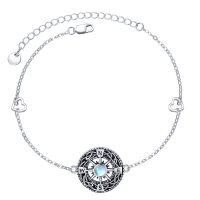wholesale 925 Sterling Silver Compass Design Blue Stone Heart Charm Bracelet for Women Girls Valentines Day Gifts- Rhodium Plated