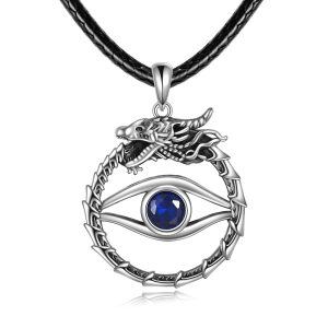 Sterling Silver Dragon Evil Eye Pendant Necklace with Leather Cord Chain-0