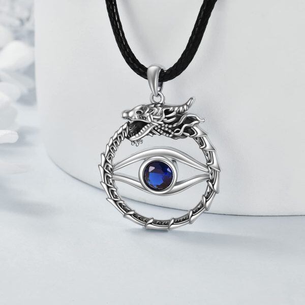 Sterling Silver Dragon Evil Eye Pendant Necklace with Leather Cord Chain-4