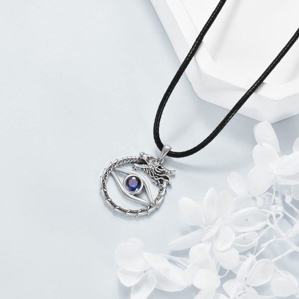 Sterling Silver Dragon Evil Eye Pendant Necklace with Leather Cord Chain-5