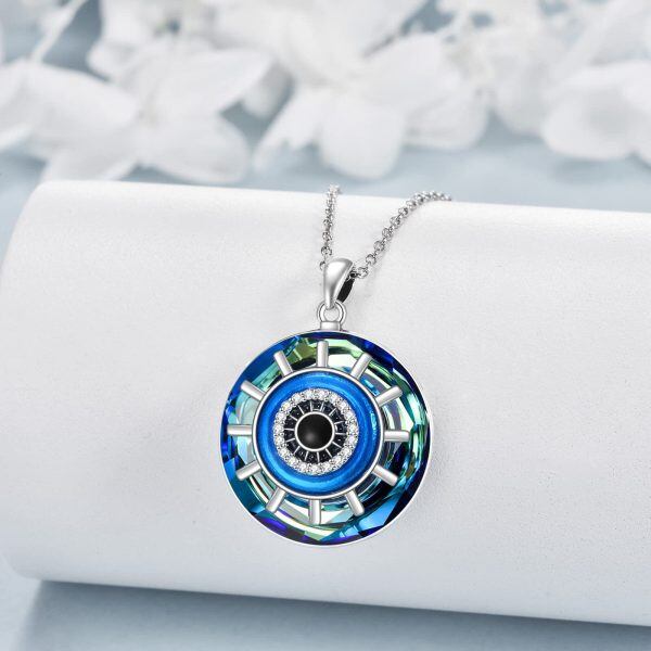 Sterling Silver Evil Eye Pendant Necklace with Crystal Circle-4