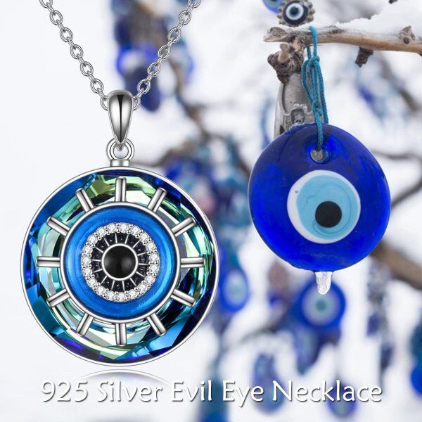 Sterling Silver Evil Eye Pendant Necklace with Crystal Circle-6