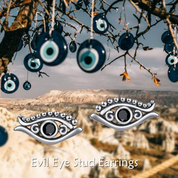 Sterling Silver Oxidized Evil Eye Stud Earrings-5