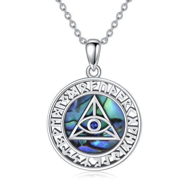 Sterling Silver Norse Viking Evil Eye Pendant Necklace with Abalone Shell-0