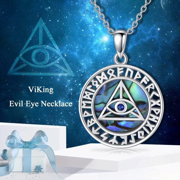 Sterling Silver Norse Viking Evil Eye Pendant Necklace with Abalone Shell-5