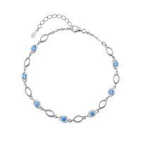 wholesale 925 Sterling Silver Blue CZ Oval Link Bracelet (22-26mm) + Extender- Rhodium Plated