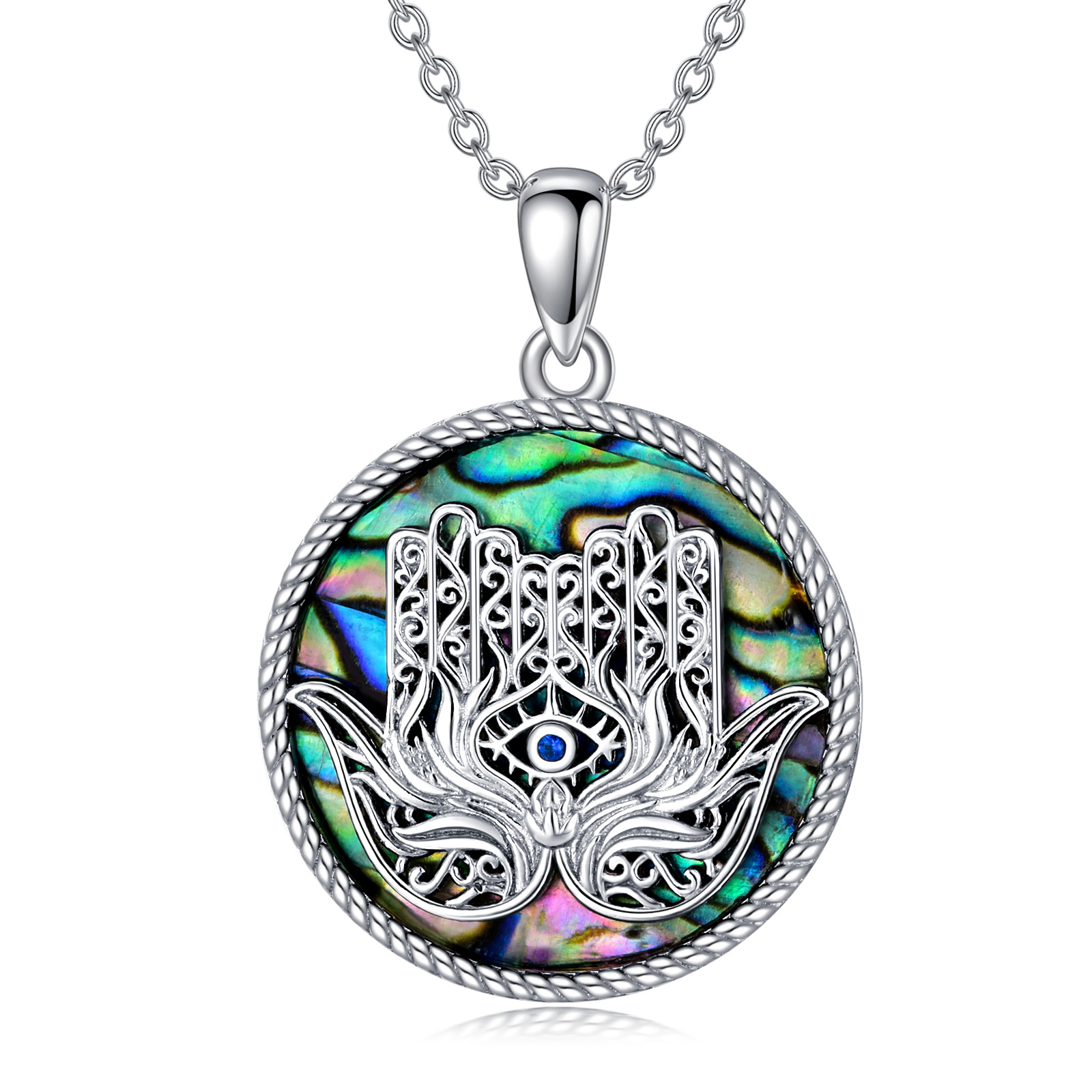 Sterling Silver Fatima Hand Evil Eye Pendant Necklace with Abalone Shell - Rhodium Plated-0-0