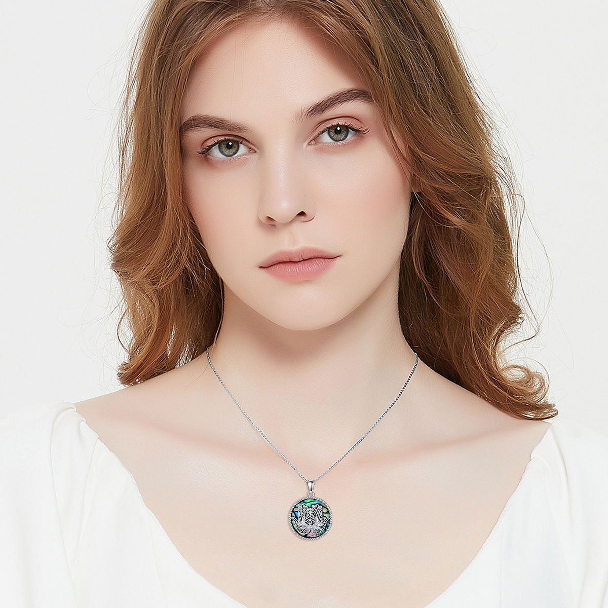 Sterling Silver Fatima Hand Evil Eye Pendant Necklace with Abalone Shell - Rhodium Plated-0-2