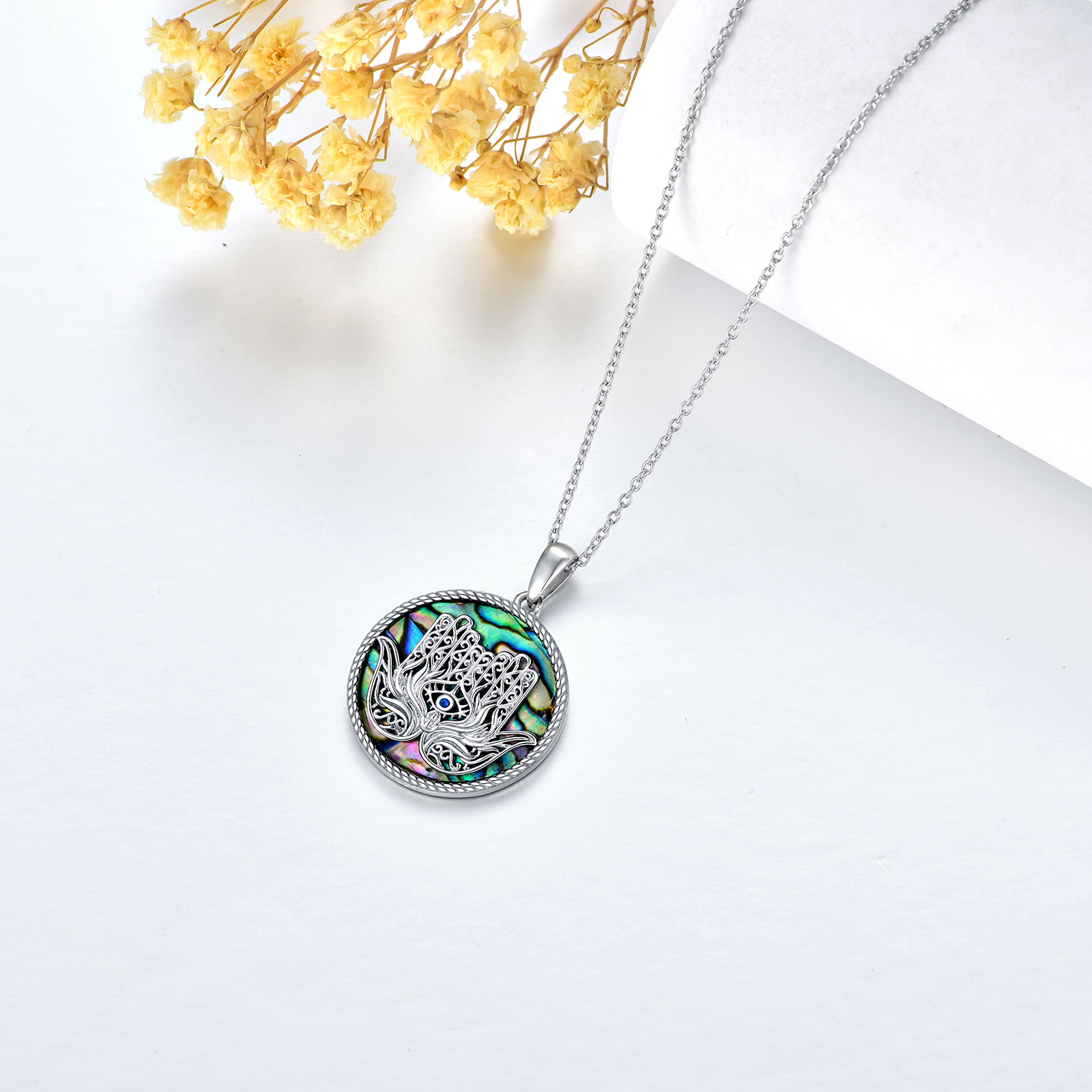 Sterling Silver Fatima Hand Evil Eye Pendant Necklace with Abalone Shell - Rhodium Plated-0-3