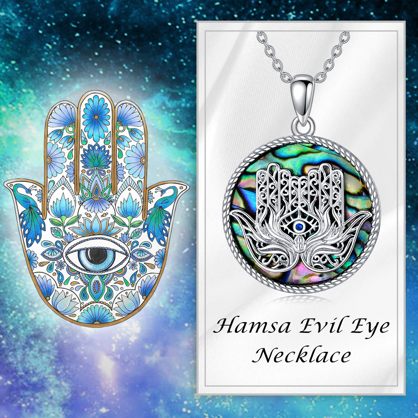 Sterling Silver Fatima Hand Evil Eye Pendant Necklace with Abalone Shell - Rhodium Plated-0-4