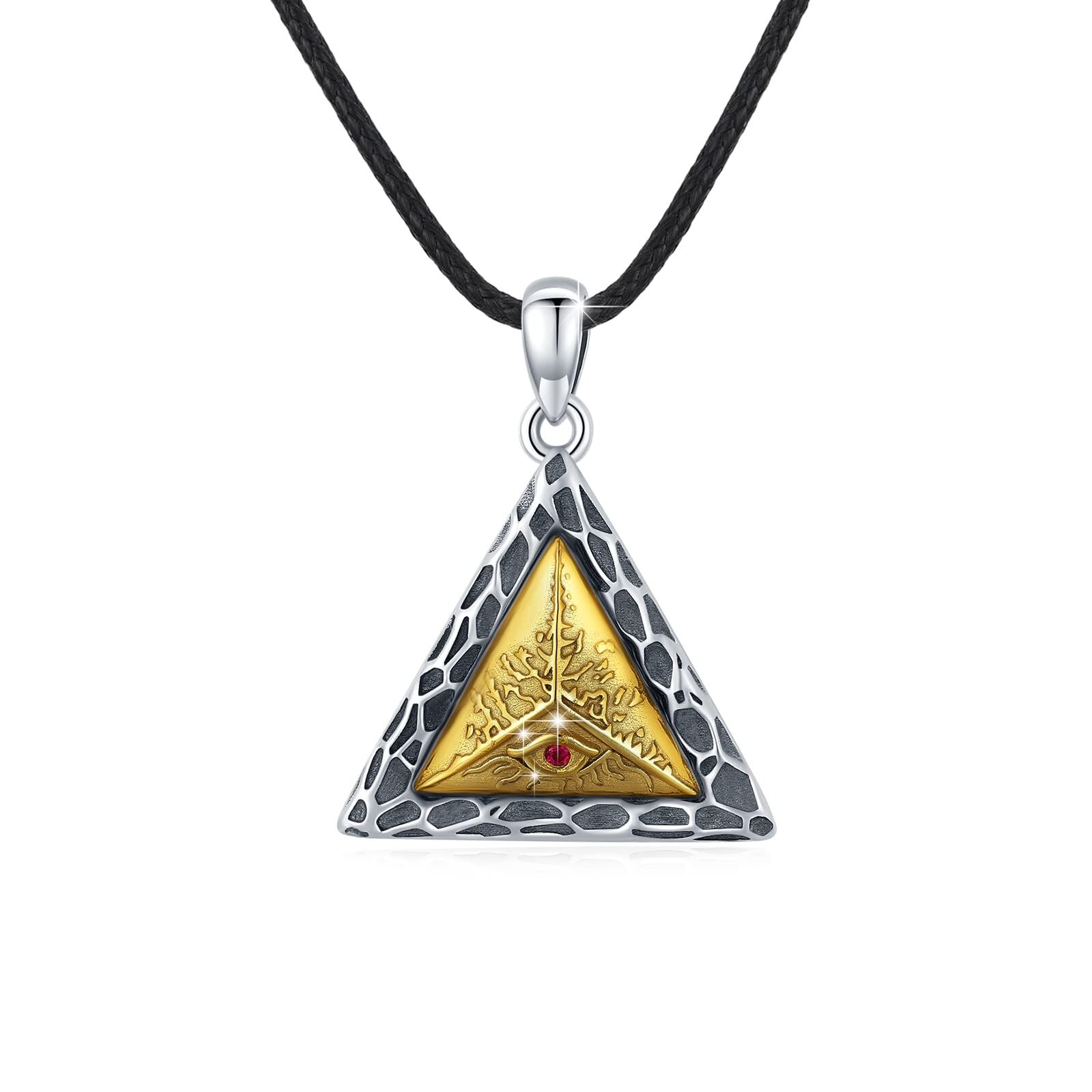 Sterling Silver Triangle Evil Eye Pendant Necklace with Leather Cord Chain - Oxidized/Oxidised-0-0