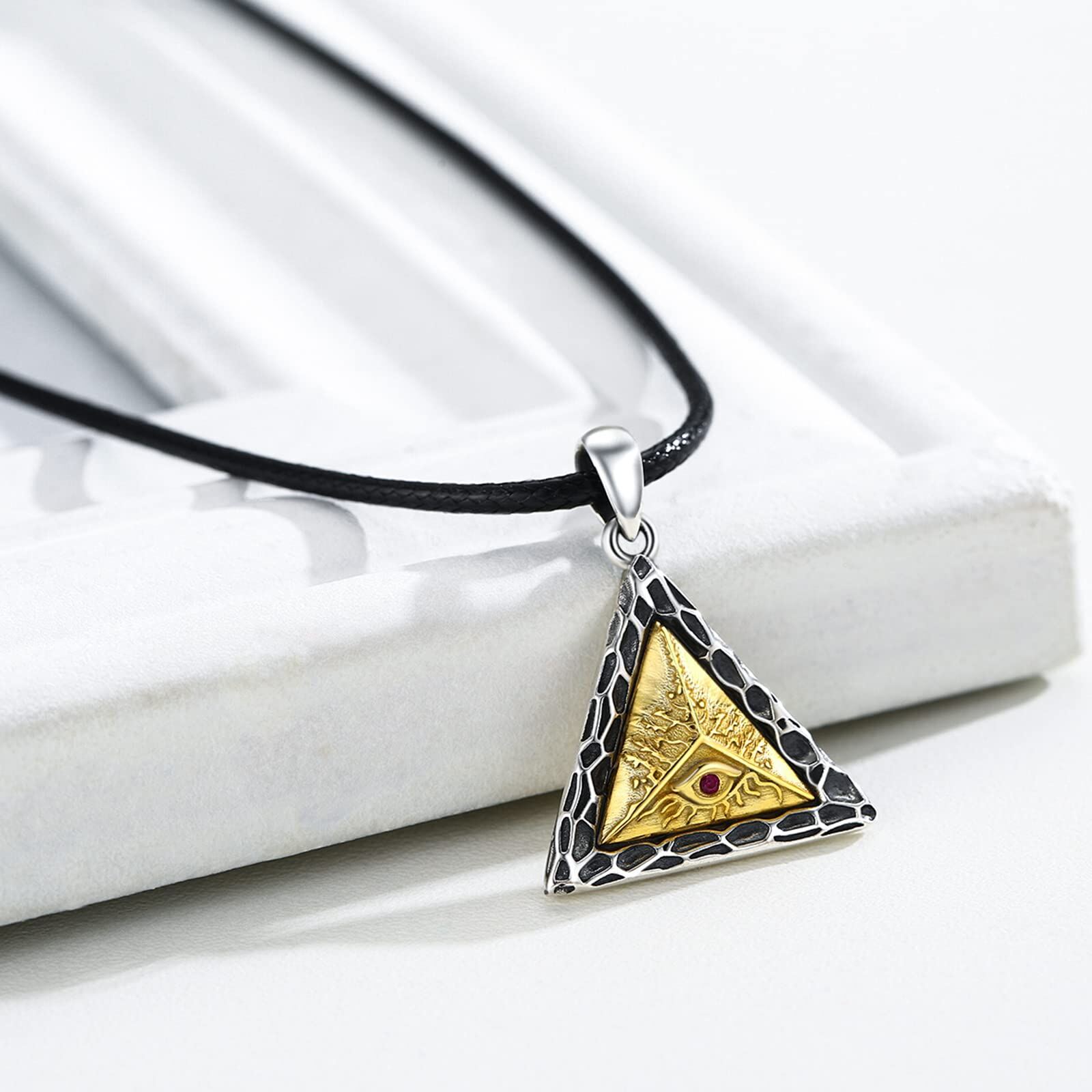 Sterling Silver Triangle Evil Eye Pendant Necklace with Leather Cord Chain - Oxidized/Oxidised-0-4