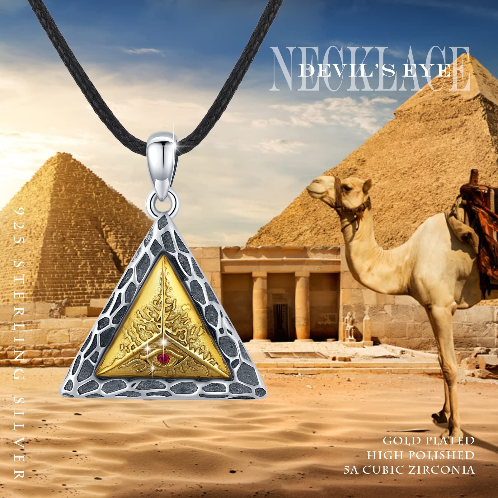 Sterling Silver Triangle Evil Eye Pendant Necklace with Leather Cord Chain - Oxidized/Oxidised-0-5