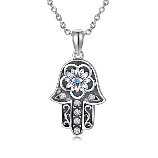 Sterling Silver Fatima Hand Evil Eye Pendant Necklace with Light Blue CZ-0