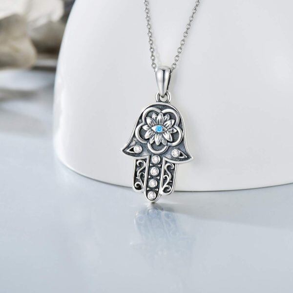 Sterling Silver Fatima Hand Evil Eye Pendant Necklace with Light Blue CZ-3