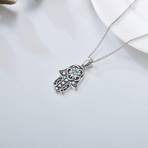 Sterling Silver Fatima Hand Evil Eye Pendant Necklace with Light Blue CZ-4