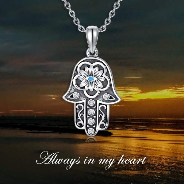 Sterling Silver Fatima Hand Evil Eye Pendant Necklace with Light Blue CZ-5