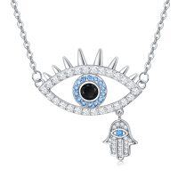 wholesale 925 Sterling Silver Evil Eye Hamsa Hand Pendant Necklace with Blue CZ Stones for Women and Girls- Rhodium Plated