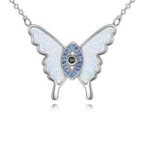 Sterling Silver Evil Eye Blue Opal Butterfly Pendant Necklace-0