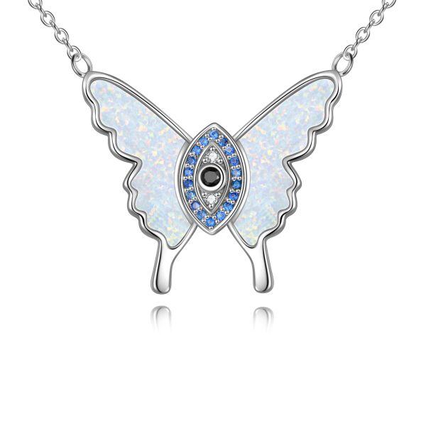 Sterling Silver Evil Eye Blue Opal Butterfly Pendant Necklace-0