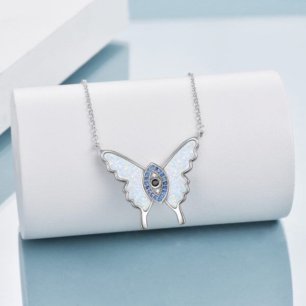 Sterling Silver Evil Eye Blue Opal Butterfly Pendant Necklace-3