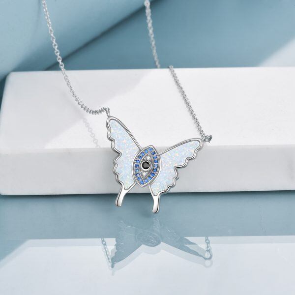 Sterling Silver Evil Eye Blue Opal Butterfly Pendant Necklace-4