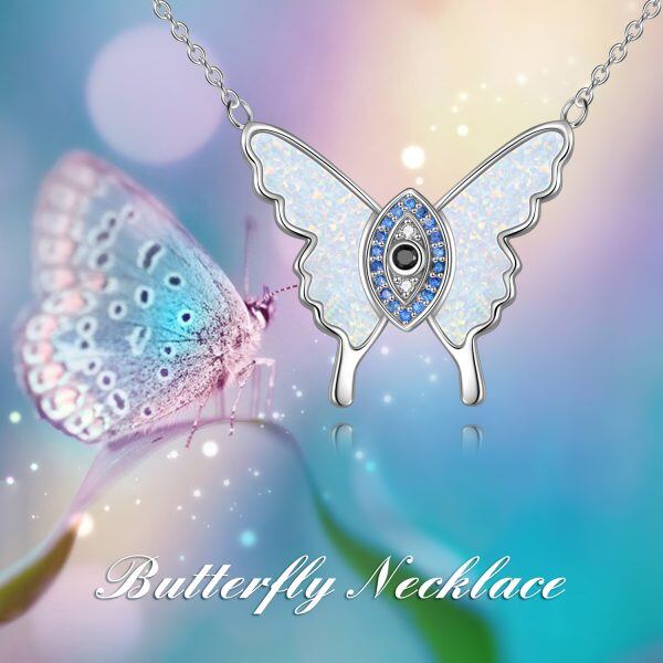 Sterling Silver Evil Eye Blue Opal Butterfly Pendant Necklace-5