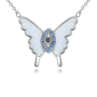 wholesale 925 Sterling Silver White Opal Evil Eye Butterfly Pendant Necklace for Women- Rhodium Plated