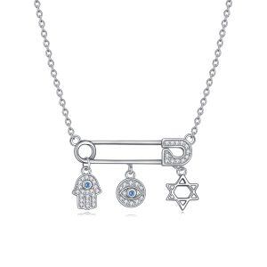 Sterling Silver Evil Eye & Hamsa Hand Safety Pin Pendant Necklace-0