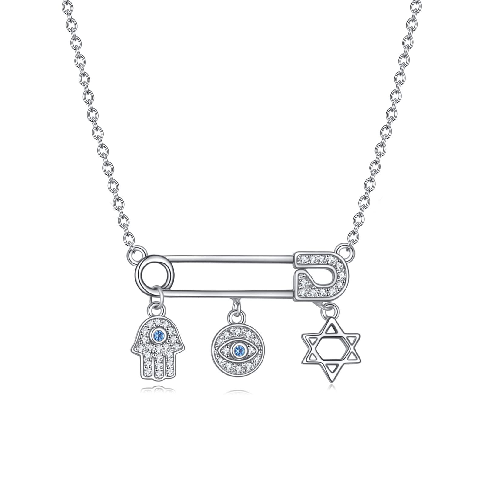 Sterling Silver Evil Eye &amp; Hamsa Hand Safety Pin Pendant Necklace - Rhodium Plated-0-0