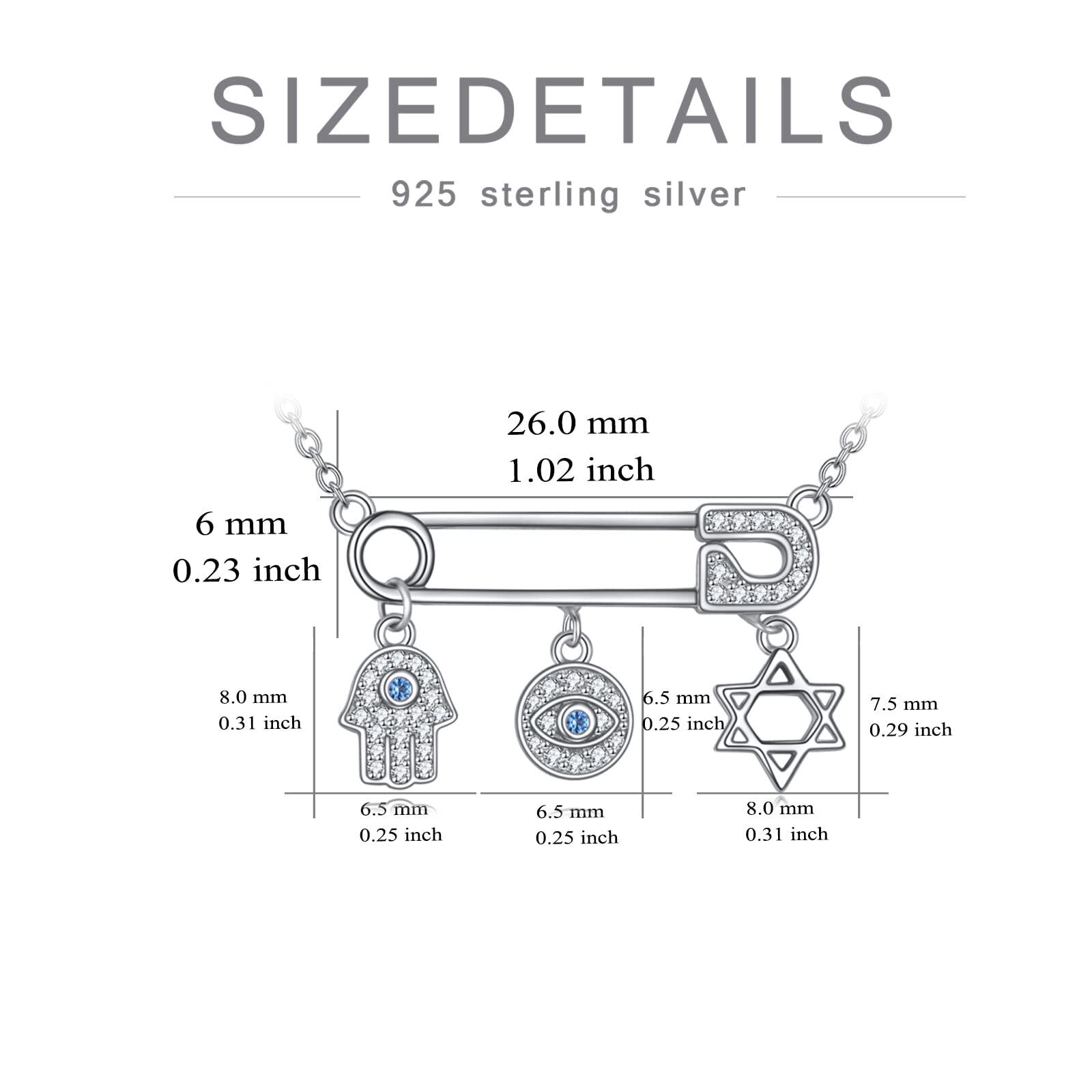 Sterling Silver Evil Eye &amp; Hamsa Hand Safety Pin Pendant Necklace - Rhodium Plated-0-1