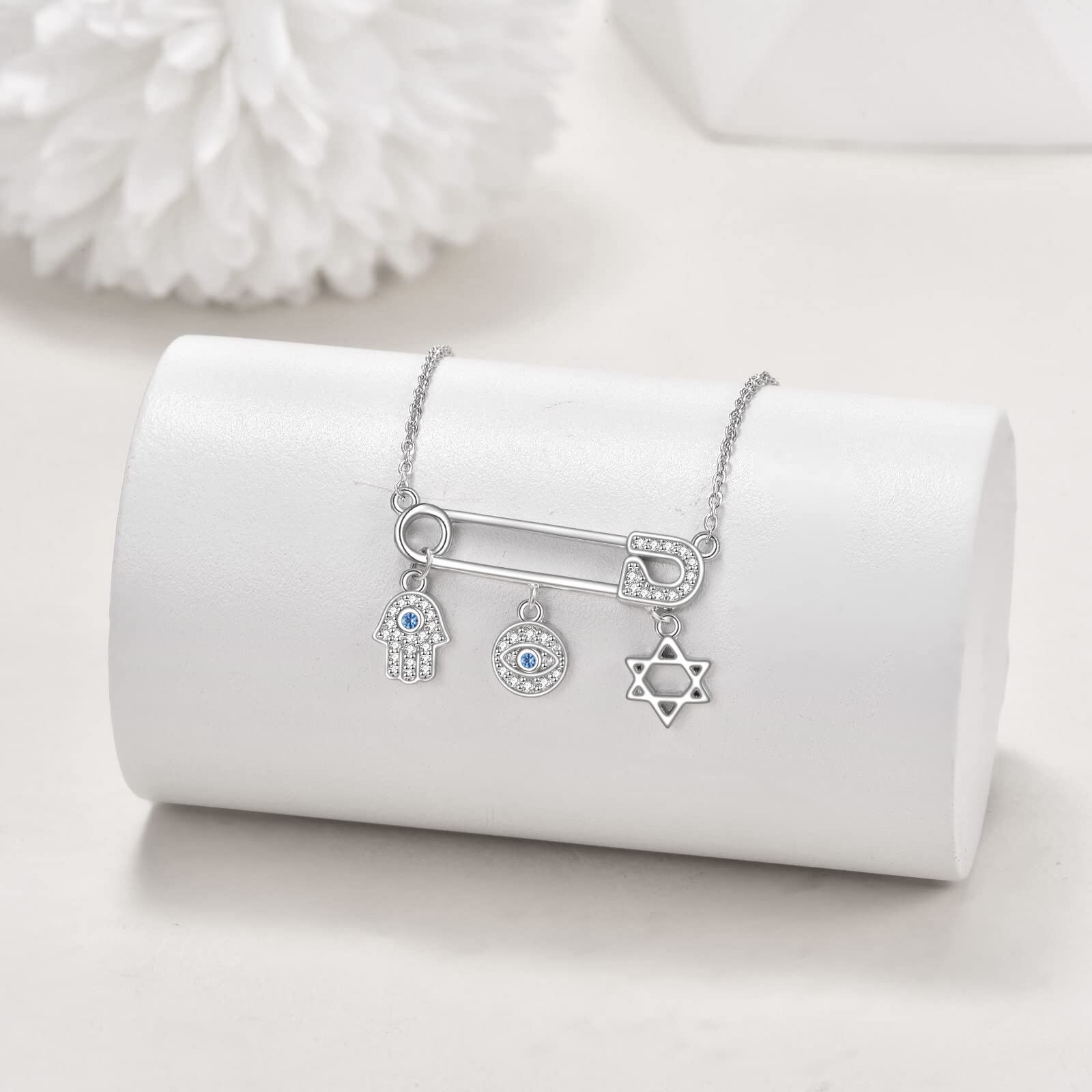 Sterling Silver Evil Eye &amp; Hamsa Hand Safety Pin Pendant Necklace - Rhodium Plated-0-3