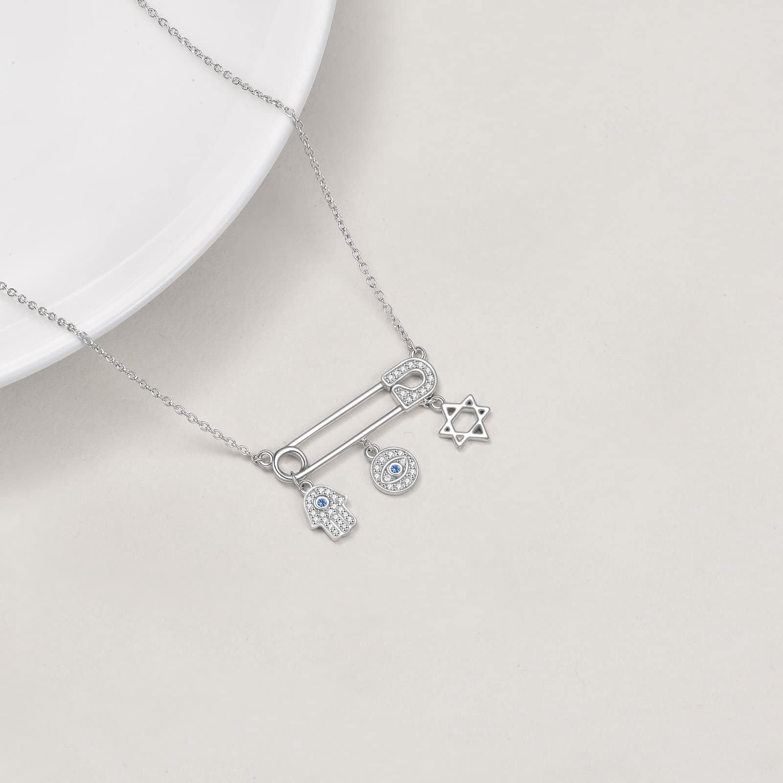 Sterling Silver Evil Eye &amp; Hamsa Hand Safety Pin Pendant Necklace - Rhodium Plated-0-4