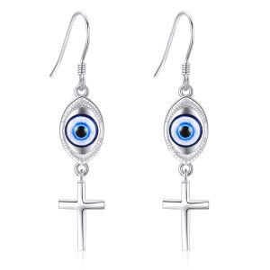 Sterling Silver Blue Evil Eye Cross Dangle Earrings-0