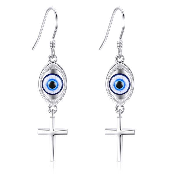 Sterling Silver Blue Evil Eye Cross Dangle Earrings-0