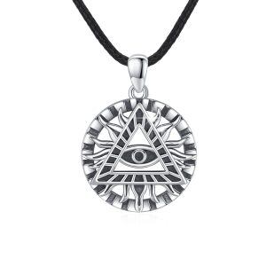 Sterling Silver Sun Evil Eye Pendant Necklace with Leather Cord Chain-0