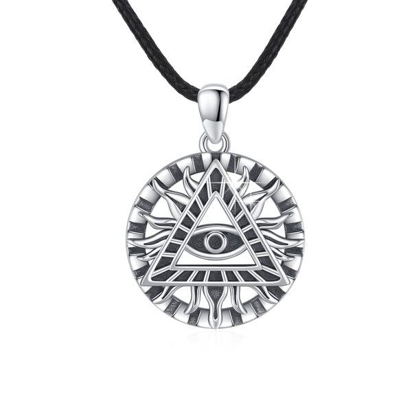 Sterling Silver Sun Evil Eye Pendant Necklace with Leather Cord Chain-0