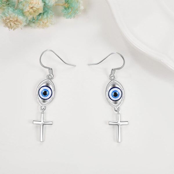 Sterling Silver Blue Evil Eye Cross Dangle Earrings-3