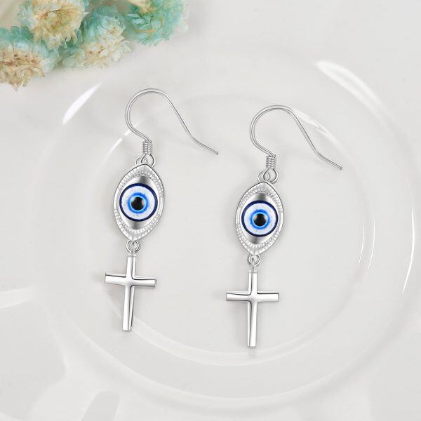 Sterling Silver Blue Evil Eye Cross Dangle Earrings-4