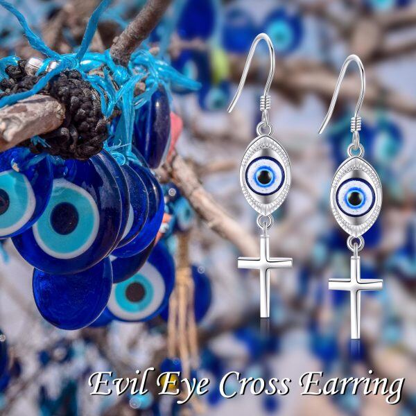 Sterling Silver Blue Evil Eye Cross Dangle Earrings-5